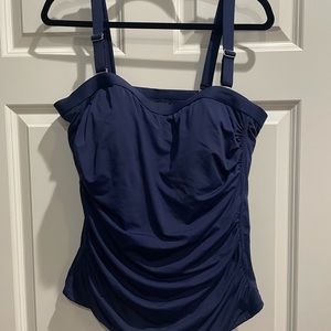 Lands’ End Shirred Tankini Top, Navy, Size 18W, Shelf Bra